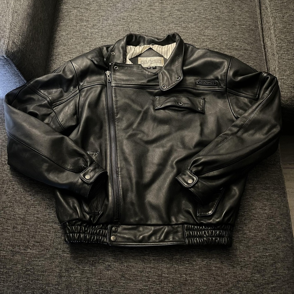 Fieldsheer Jacket Mens 46 Black Leather Motorcycle Biker Elastic Waist Zip Moto